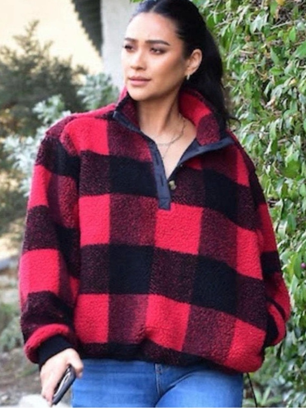 American Eagle Women’s S Sherpa Fleece Pullover Red Black Buffalo Plaid NWT